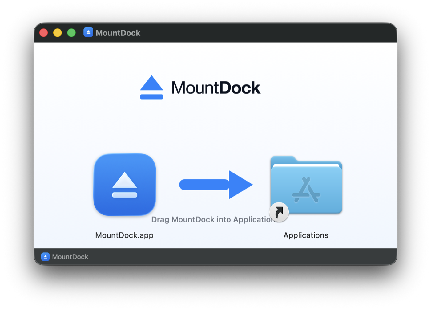 La fenêtre d’installation de MountDock : l’icône de l’app à gauche, une flèche bleue pointant vers le dossier Applications à droite
